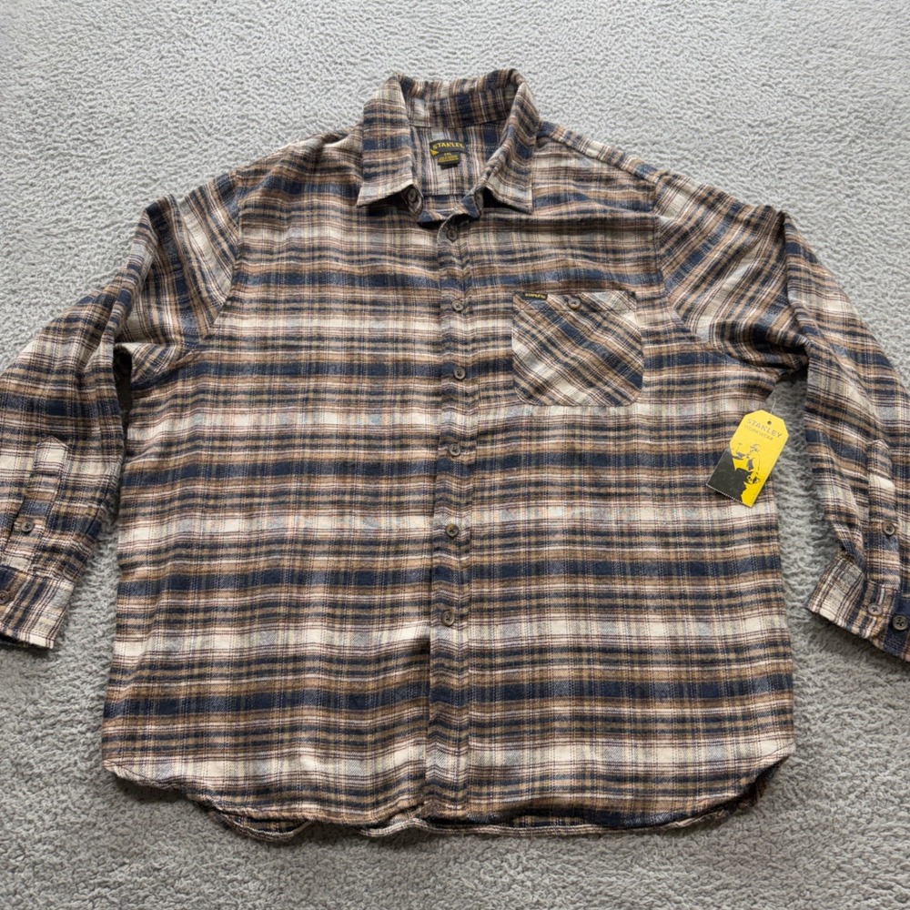 Stanley Flannel Shirt Mens 2XL Brown Navy Plaid Long Sleeve Workwear Button Down